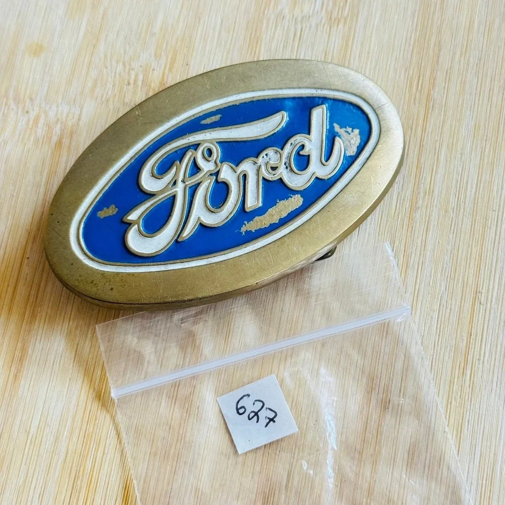 Vintage 1979 Ford motors Baron solid Brass Buckle Blue enamel oval chunky 70s